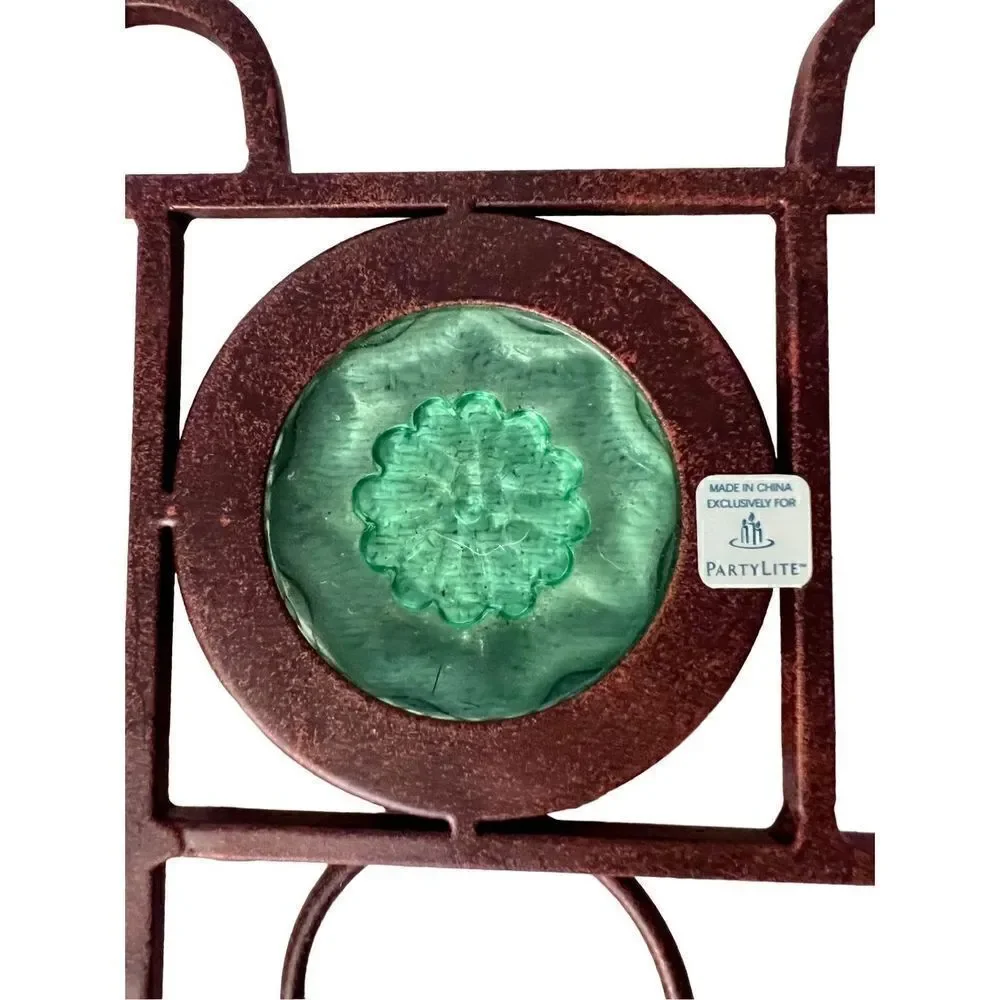 Vintage Wall Hanging Metal 3 Light Votive Candle Holder Green Glass 16”